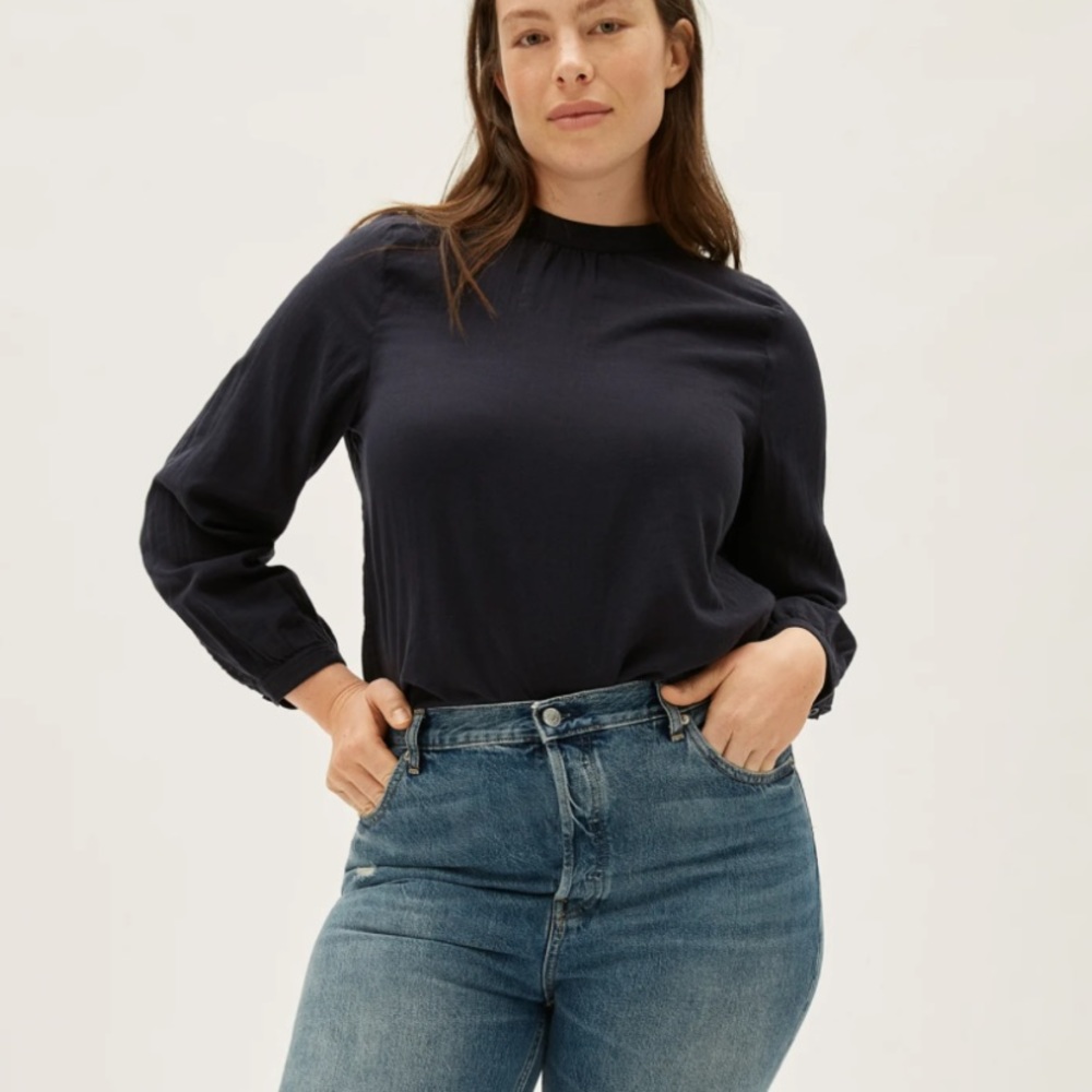 Everlane Shirred Long Sleeve Navy Blue Top